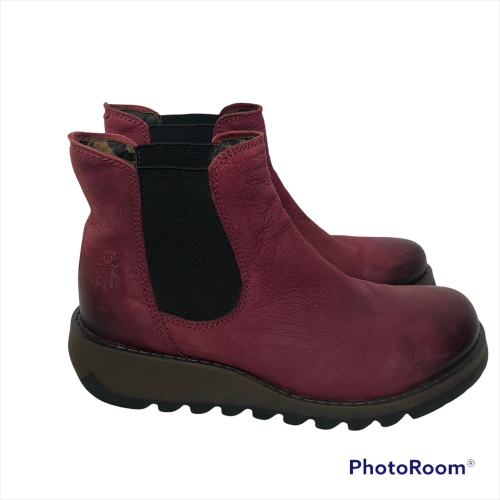 Fly London Women’s Wine Colored Suede Chelsea Boots, Sz 6.5